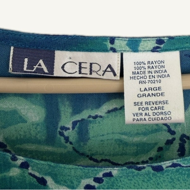 La Cera Blue Green Tie-Dye Floral Rayon Short Sleeve Maxi Dress Size L Boho