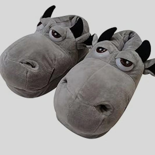 Gray Cow Slippers – Plush Cattle Design – M 8‑10 / W 9‑11 – Novelty Indoor Shoes