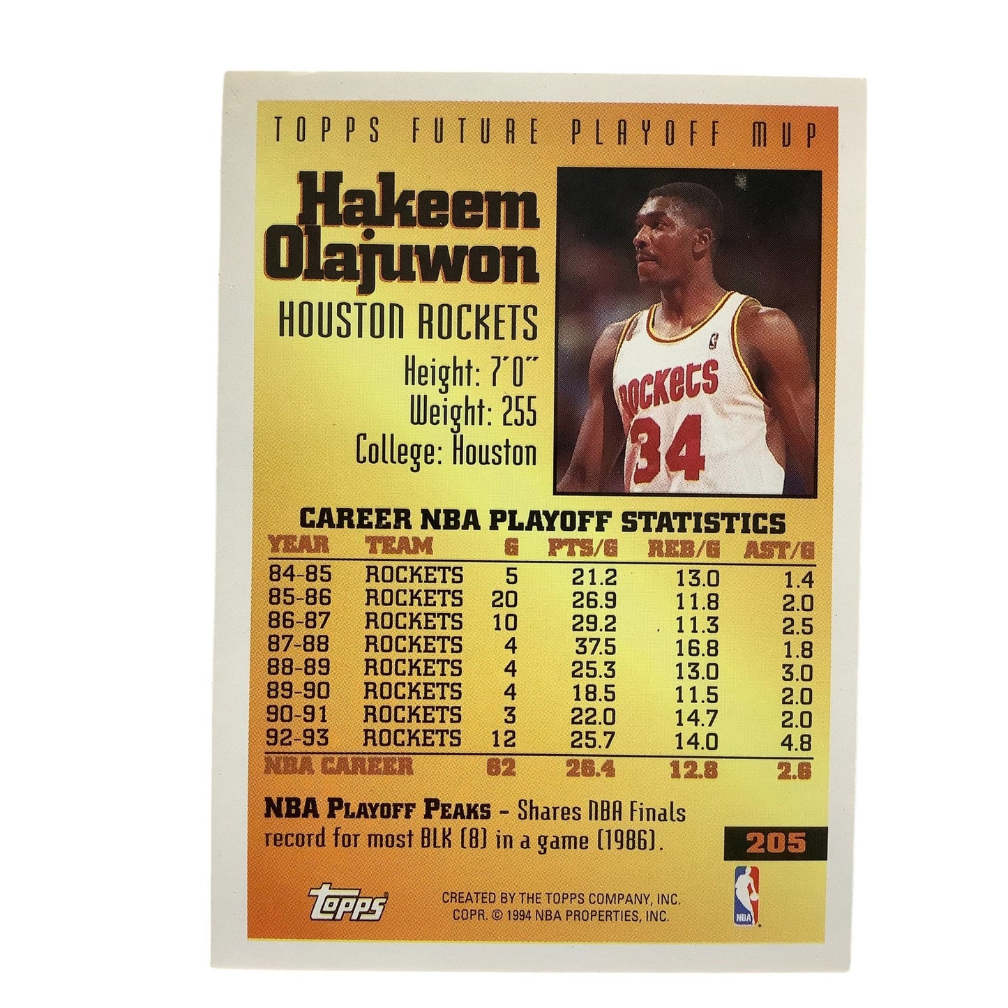 Hakeem Olajuwon, Rockets, 1994 Topps "Future Playoff MVP" NBA Card 205, EXC