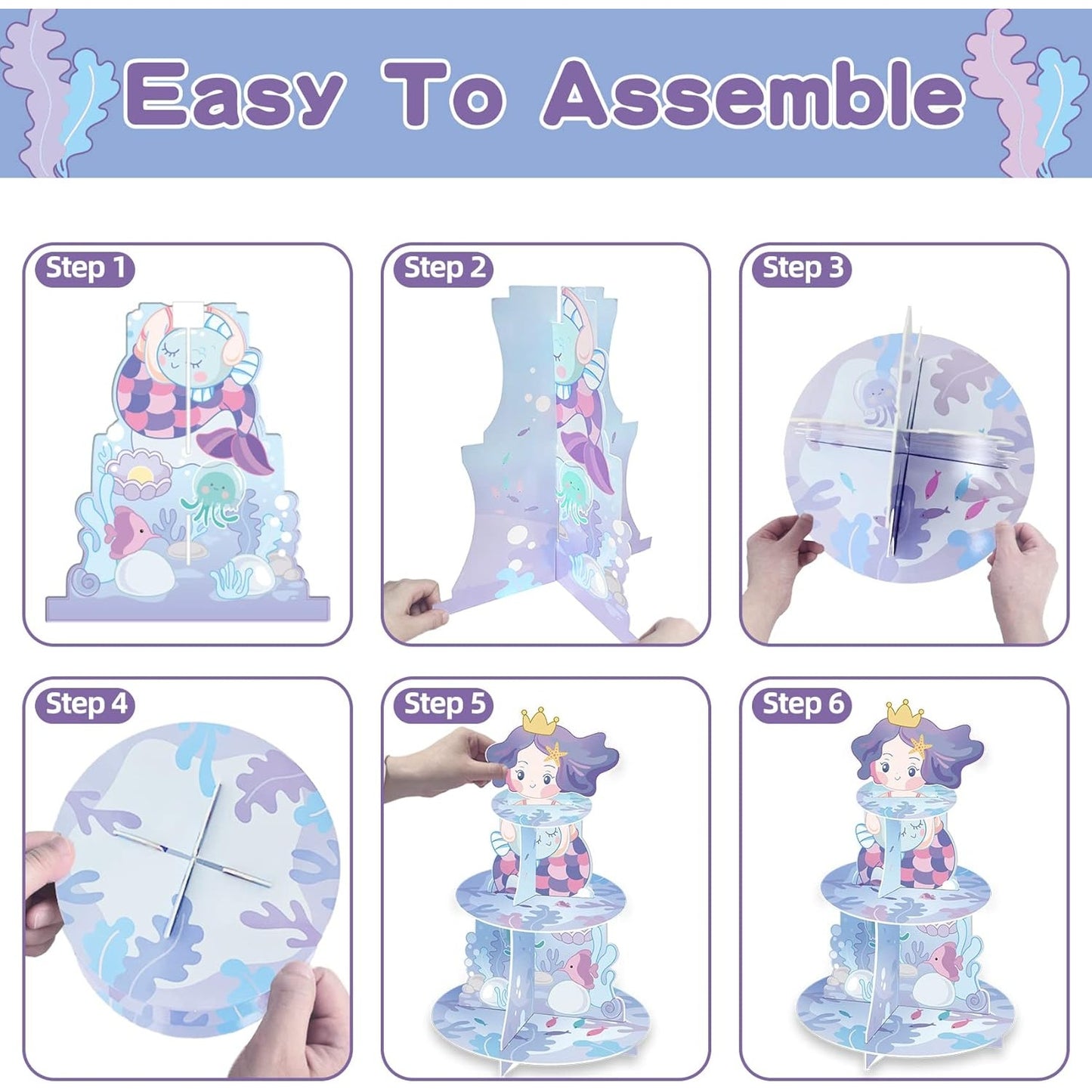 Mermaid 3-Tier Cupcake Stand with 24 Toppers – for Birthday or Baby Shower