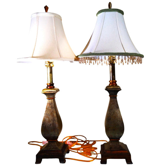 Pair of Vintage Classic Tan Shade Table Lamps – 27.5"H w/ Finial, Working