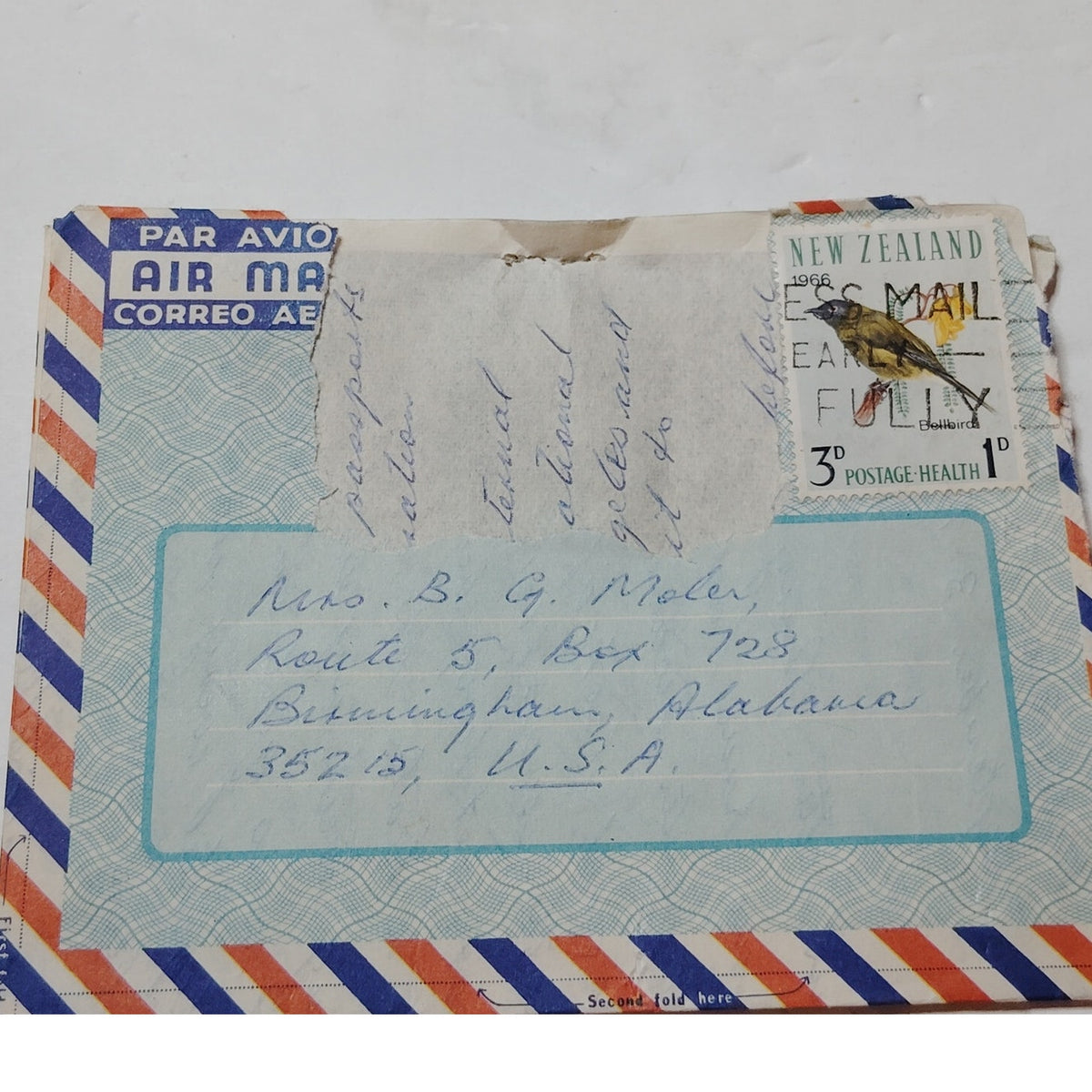 1966 New Zealand Aerogramme Cover Bellbird Health Stamp Airmail to USA
