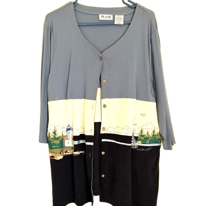 Blair Lighthouse Scene Colorblock Cardigan Sweater L Light Blue Navy Women