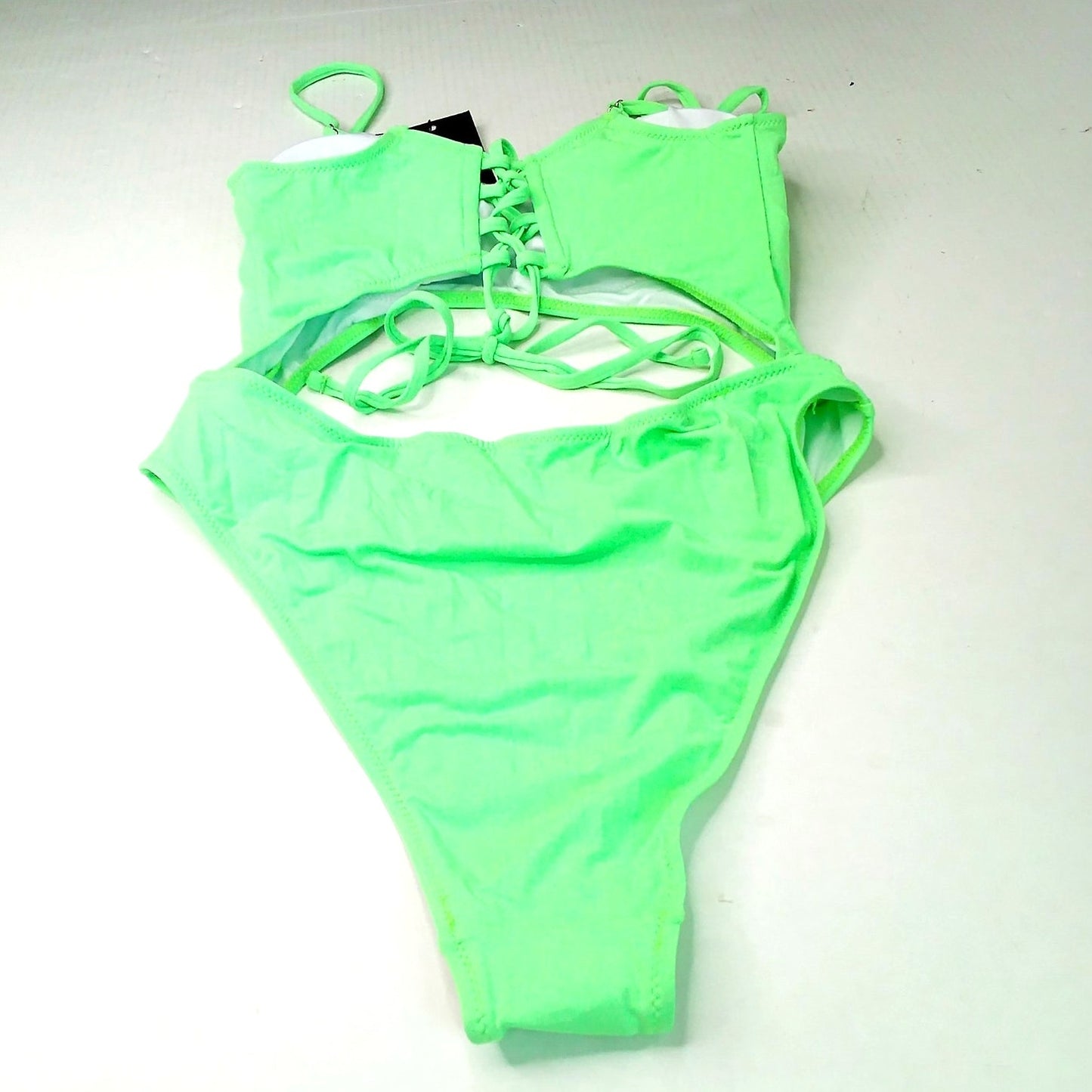 Meyeeka Neon Green Cutout Lace Up Back One Piece Swimsuit Women’s Large NWT