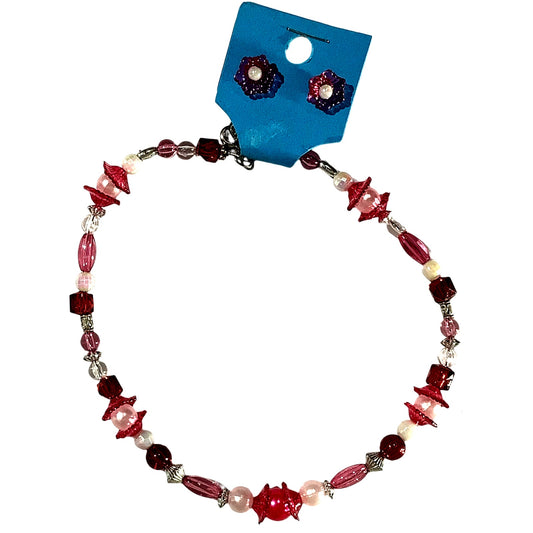 Metal and Acrylic  Beads- Choker or Kids 13" Necklace and Post Earring