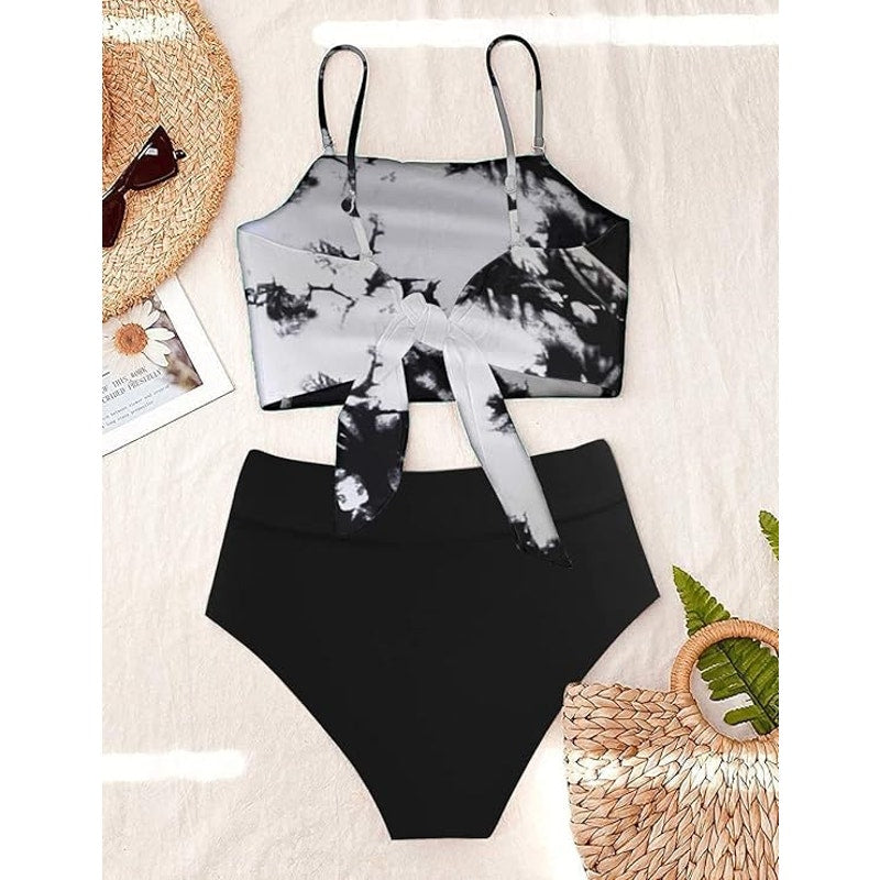 Avanova High Waisted, Tie Dye Tie Back Swimsuit Bikini Set Tie Dye Black, XS