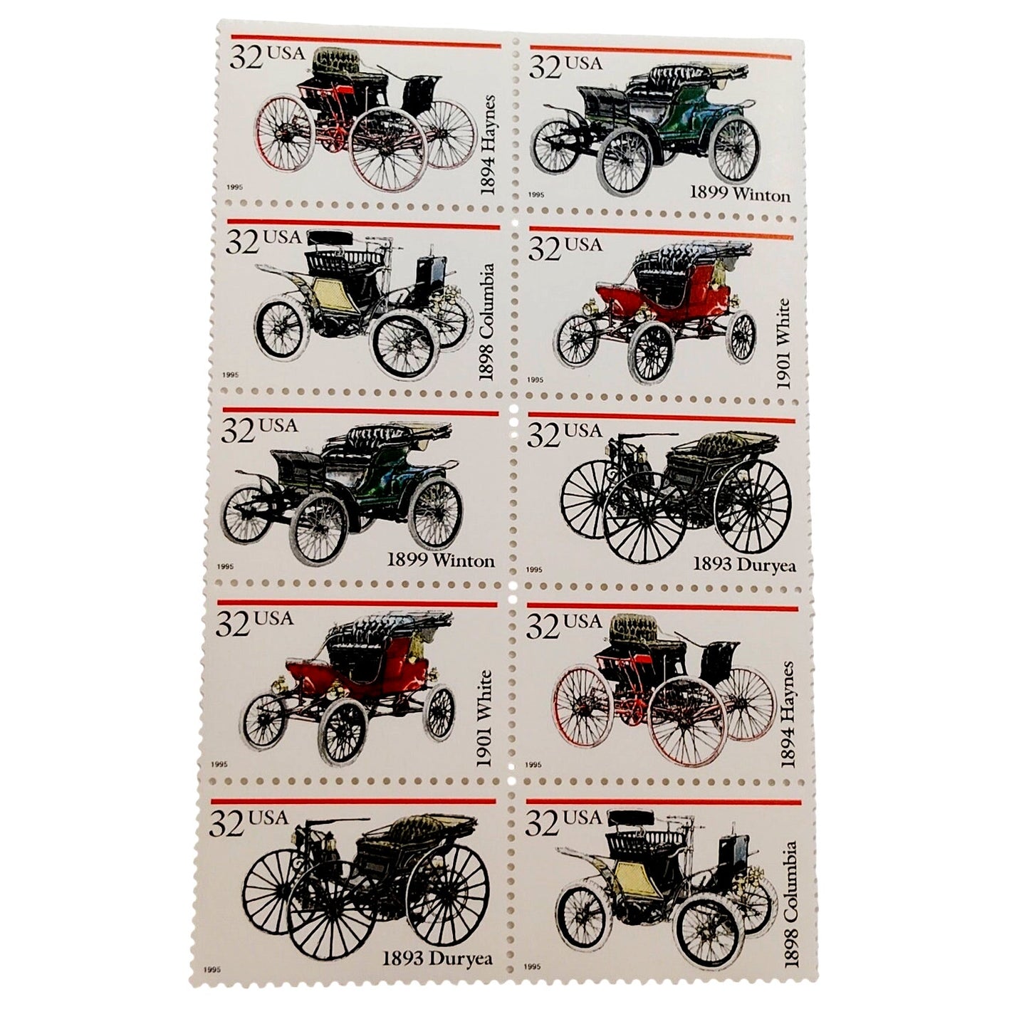 Block of 10 – 1995 USA 32¢ Antique Automobiles MNH Scott 3019–3023