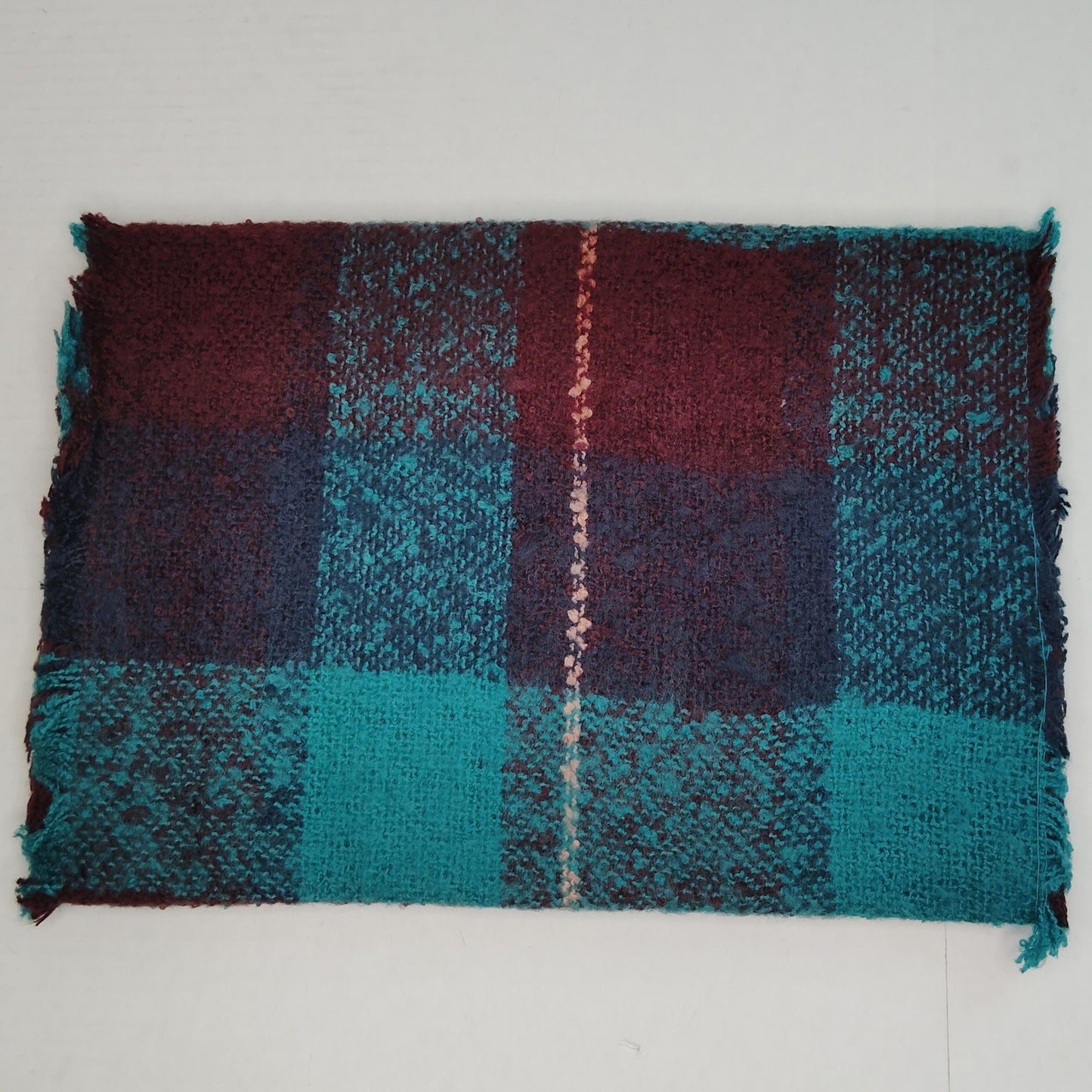 Lucky Leaf Infinity Scarf w/ Tassels Lightweight Acrylic,  Burgundy Green Plaid
