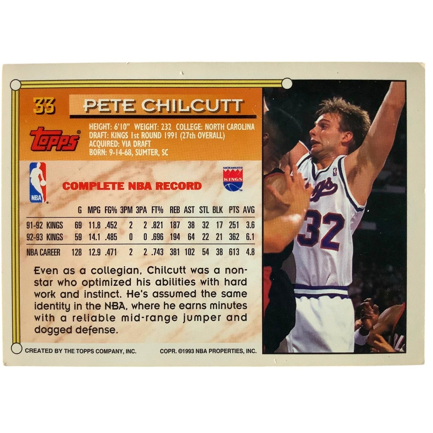 Pete Chilcutt, Sacramento Kings, 1993 Topps Stadium Club Collectors Card 33, EXC