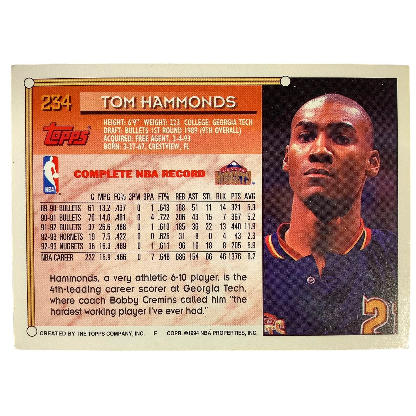 Tom Hammonds, Denver Nuggets, 1993 Topps Collector's Card 234, EXC