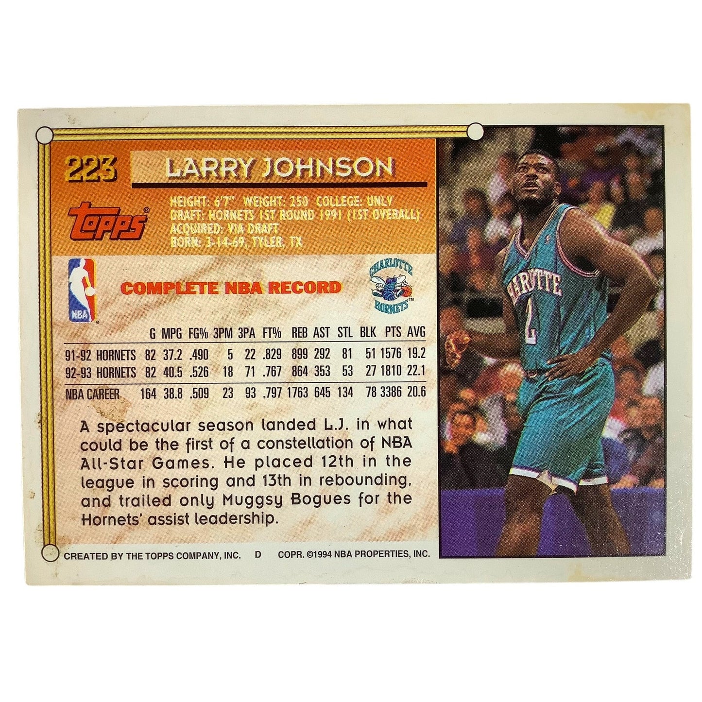 Larry Johnson, Charlotte Hornets, 1993 Topps Collector's Card 223, EXC