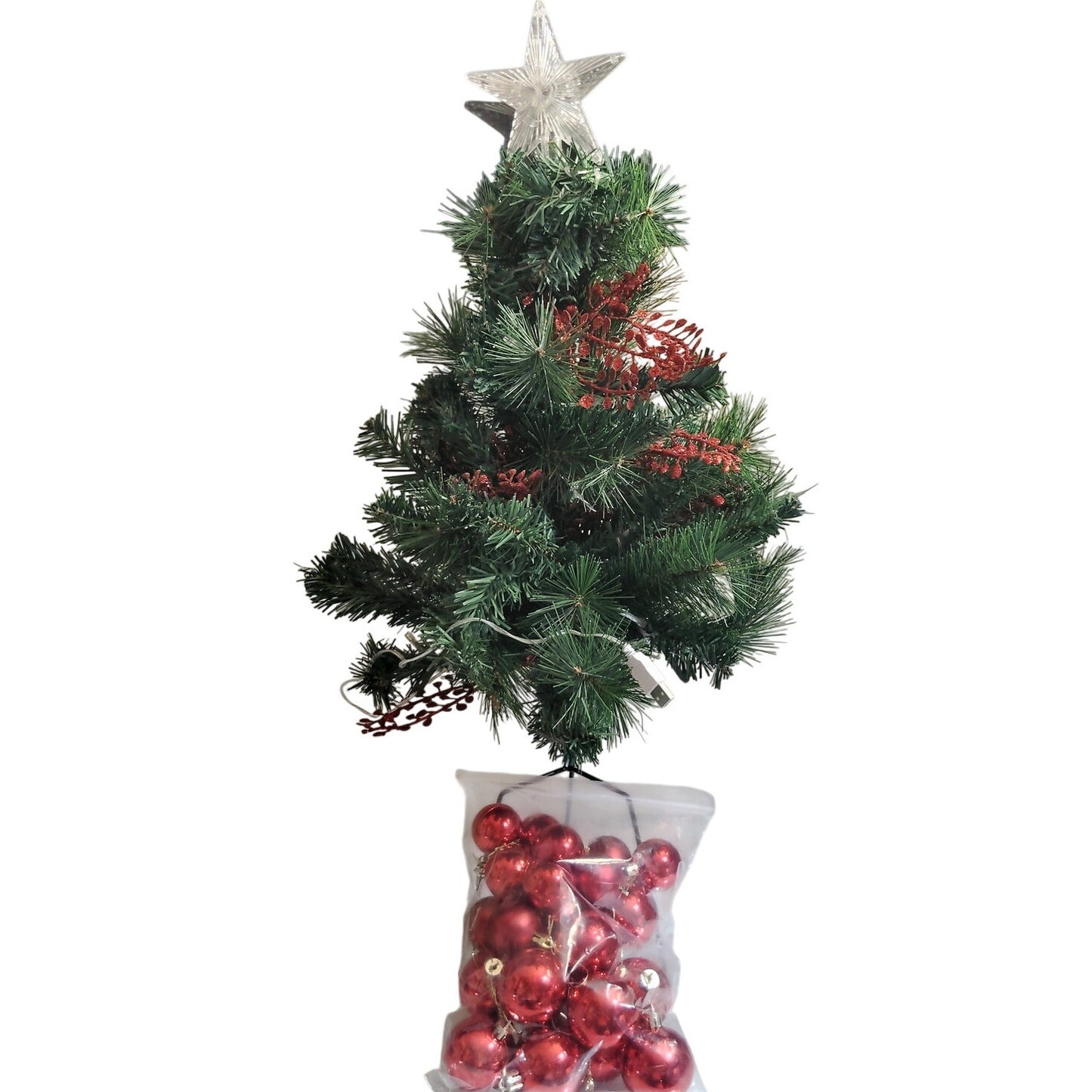 27" USB‑Powered Christmas Tree – Clear Lights – 25 Red Balls, 3" Star – 6" Stand