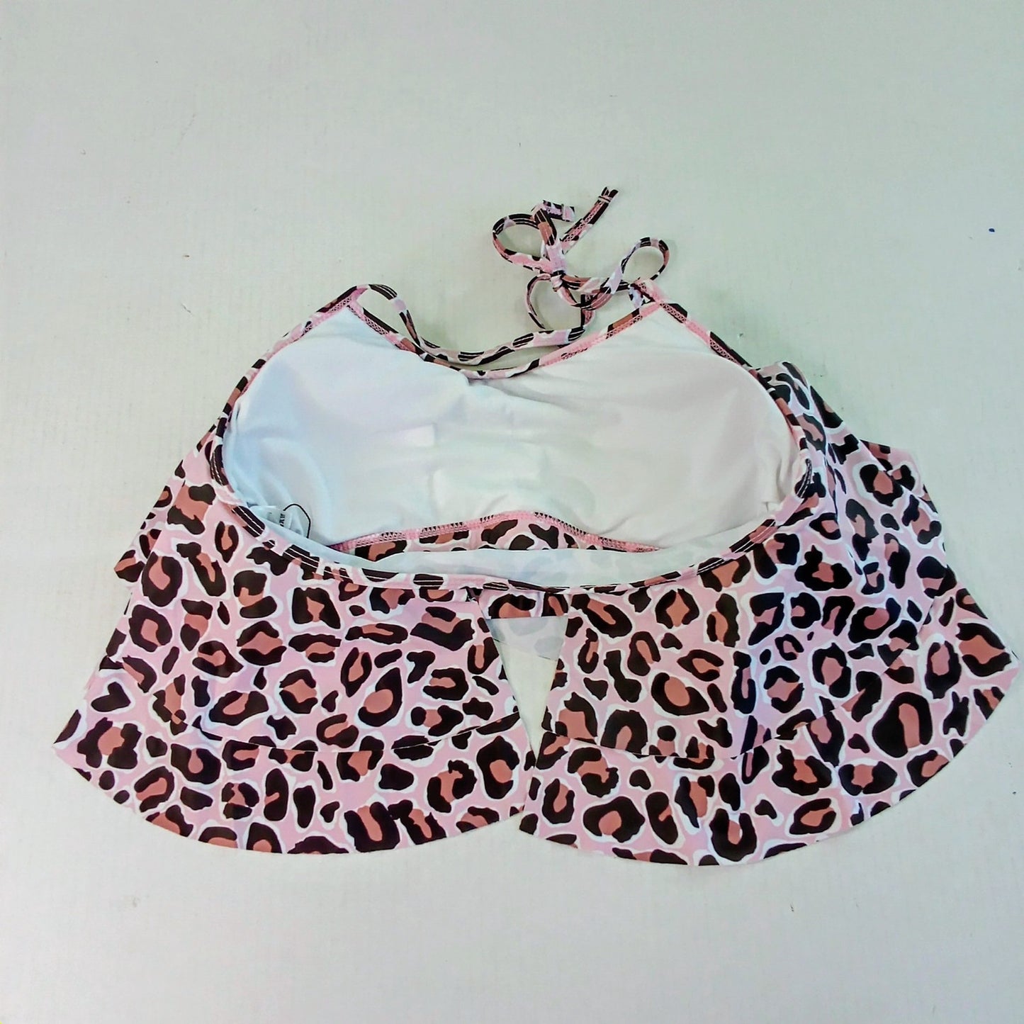 Aqua Eve Pink Leopard Flounce Bikini Top Ruffle Swim 85/15 Women Medium