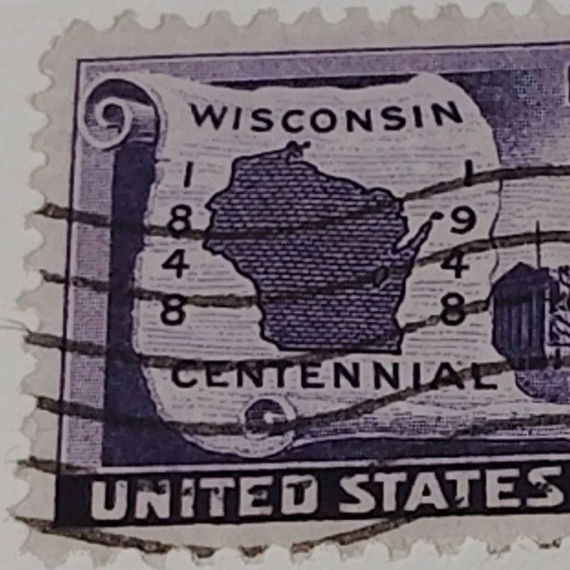 1948 3¢ Wisconsin Statehood Stamp – Scott 957 – Capitol & Map – Centennial