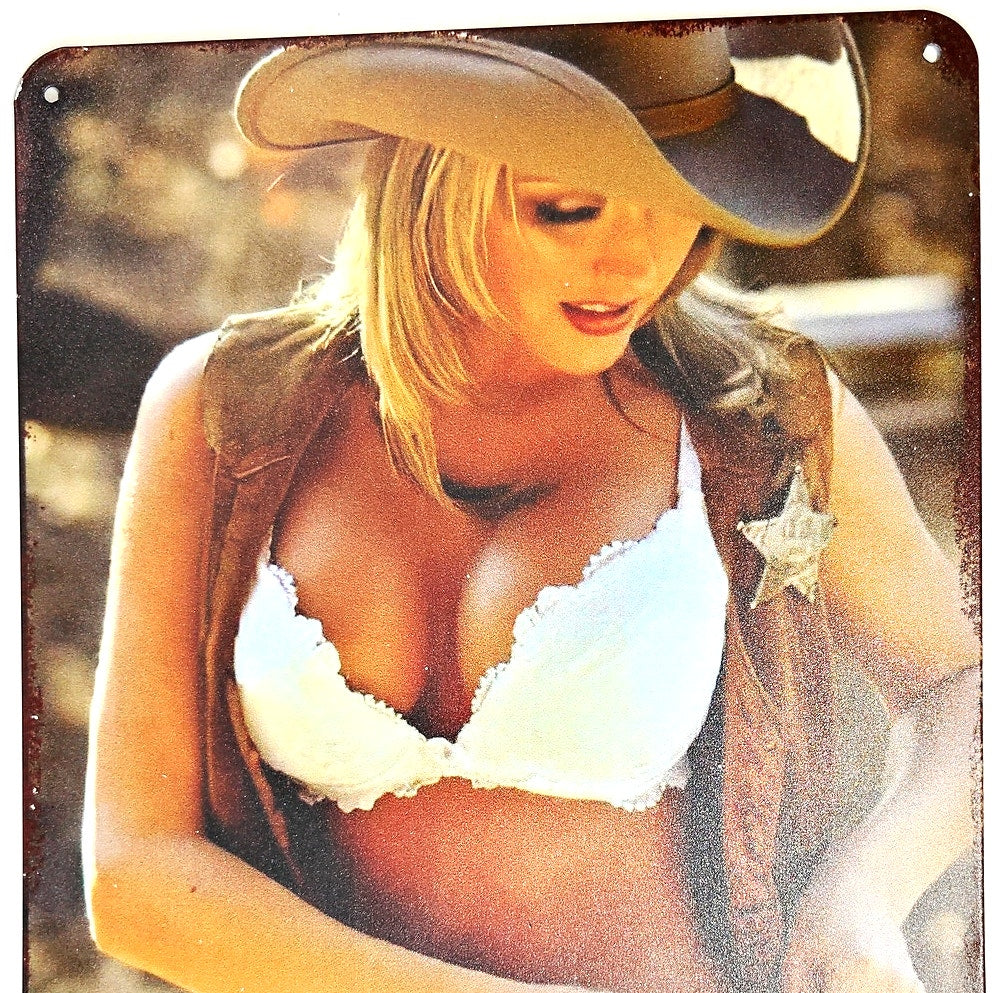 Cowgirl Pin Up Tin Sign 12×8 Western Bikini Sheriff Retro Metal Wall Art Decor
