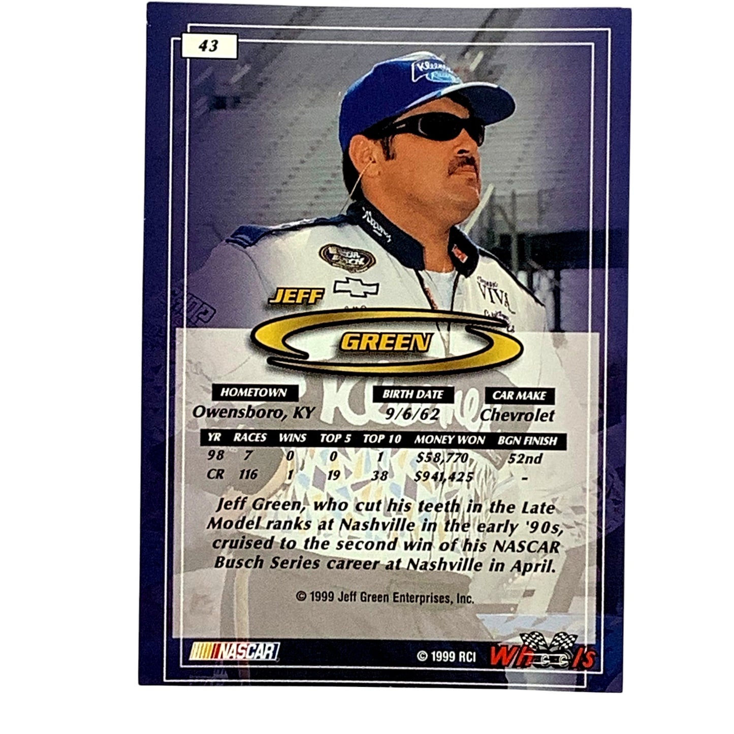 Jeff Green, Sponsor: Kleenex, Card 43 1999 Wheels NASCAR Winston Cup, NM+