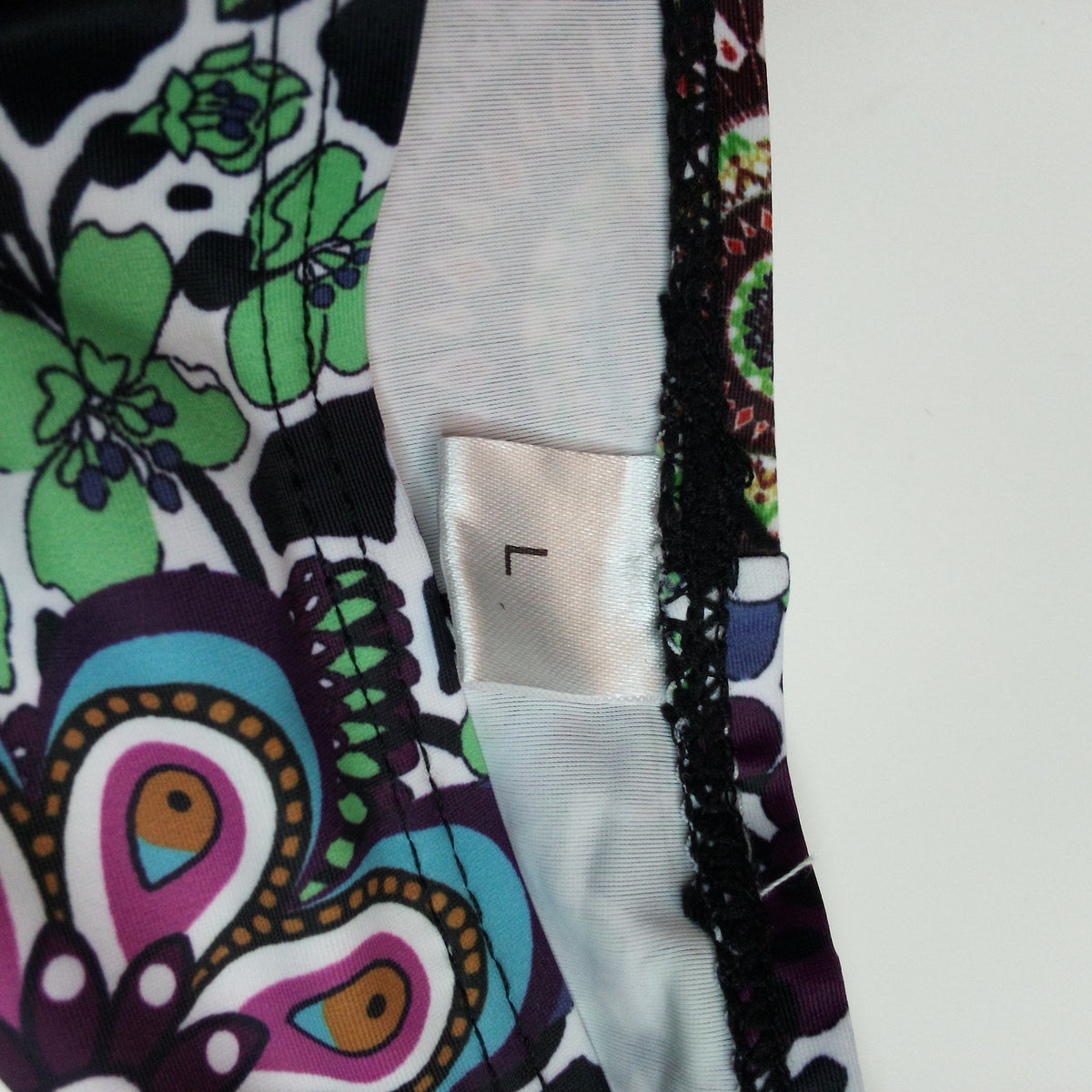 White Paisley Swim Bottoms L - Stretch Fabric with Drawstring Waistband
