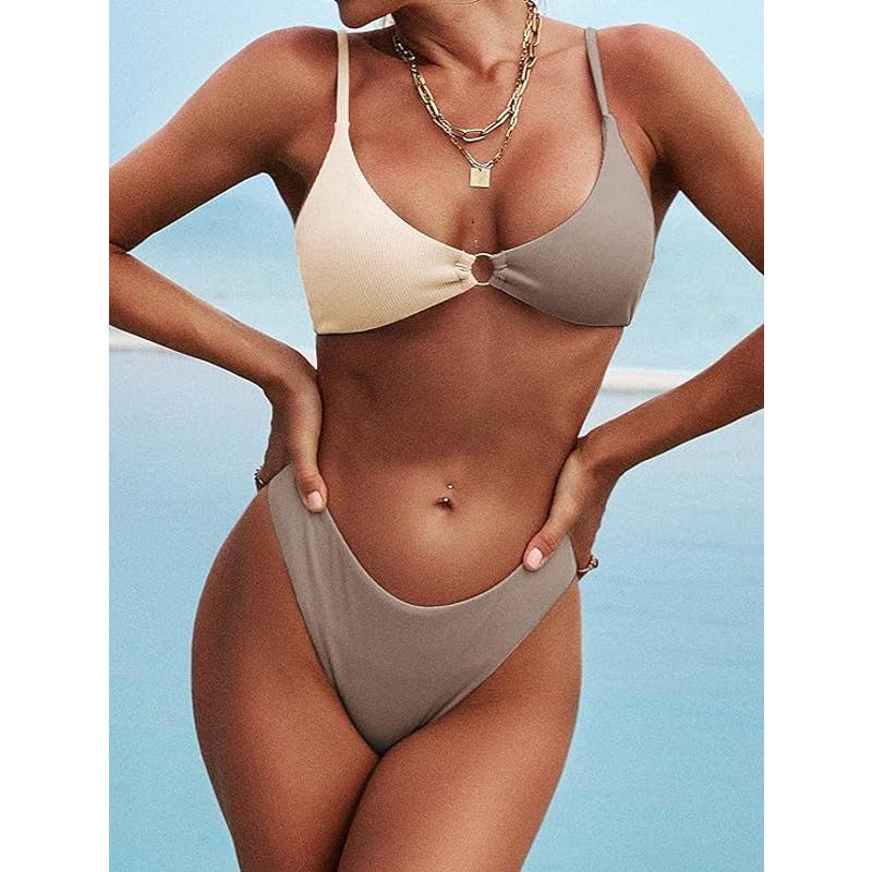 ZAFUL Ribbed O-Ring String Bikini Cheeky Thong Two Piece, Brown/Beige, Small (4)