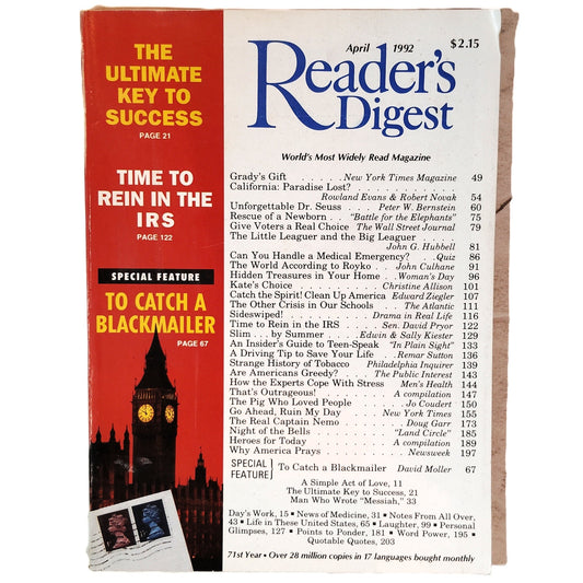 Reader's Digest April 1992 Vintage Magazine - Dr. Seuss, Time to Rein in the IRS