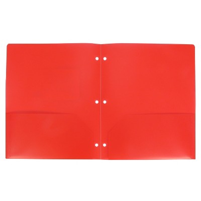 12-Pack - 2‑Pocket 3‑Hole Punch Plastic Folder – Red – 12‑Pack