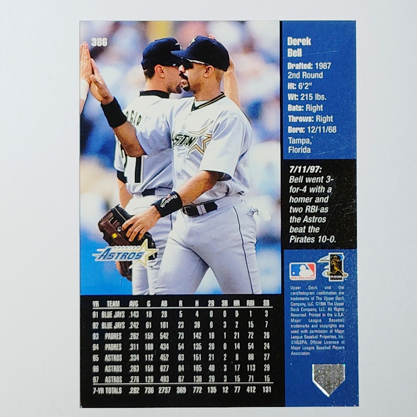 1998 Upper Deck Derek Bell #386 Houston Astros Outfielder Power Swing - VG/EX