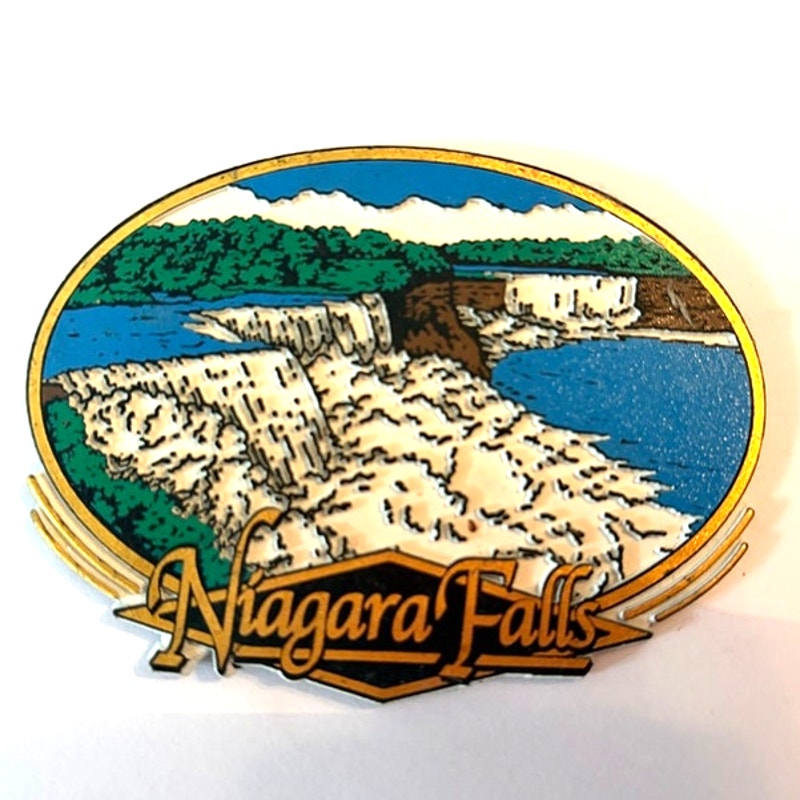 Niagara Falls 3D PVC Fridge Magnet Oval Scenic Cascades Gold Trim 3.75x2.75