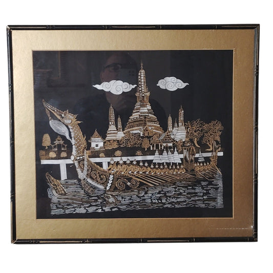 Vintage 1968 Mid‐Century Thai Silk Screen Artwork – Wat Arun Royal Barge