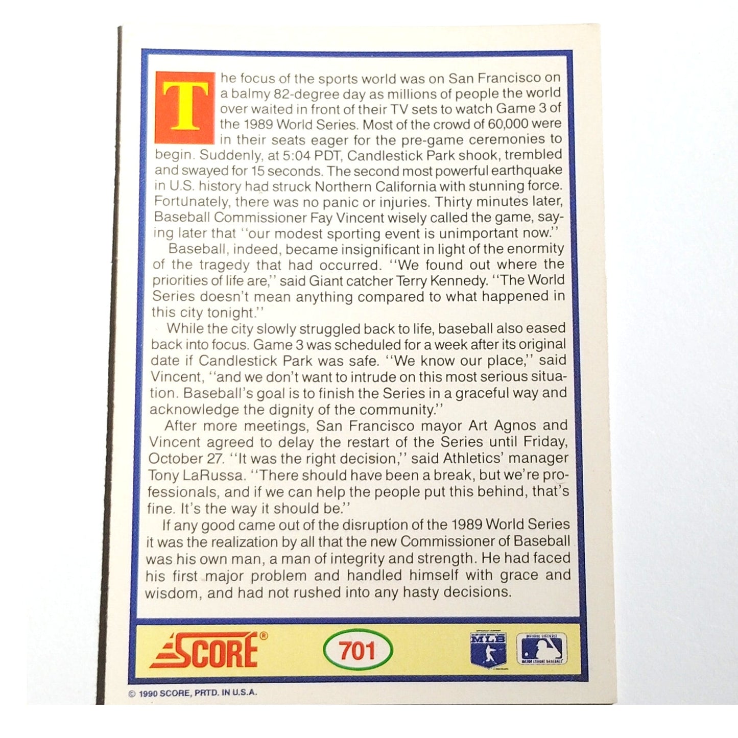 1990 Score Lights Out Candlestick 701 San Francisco Giants Earthquake Tribute NM