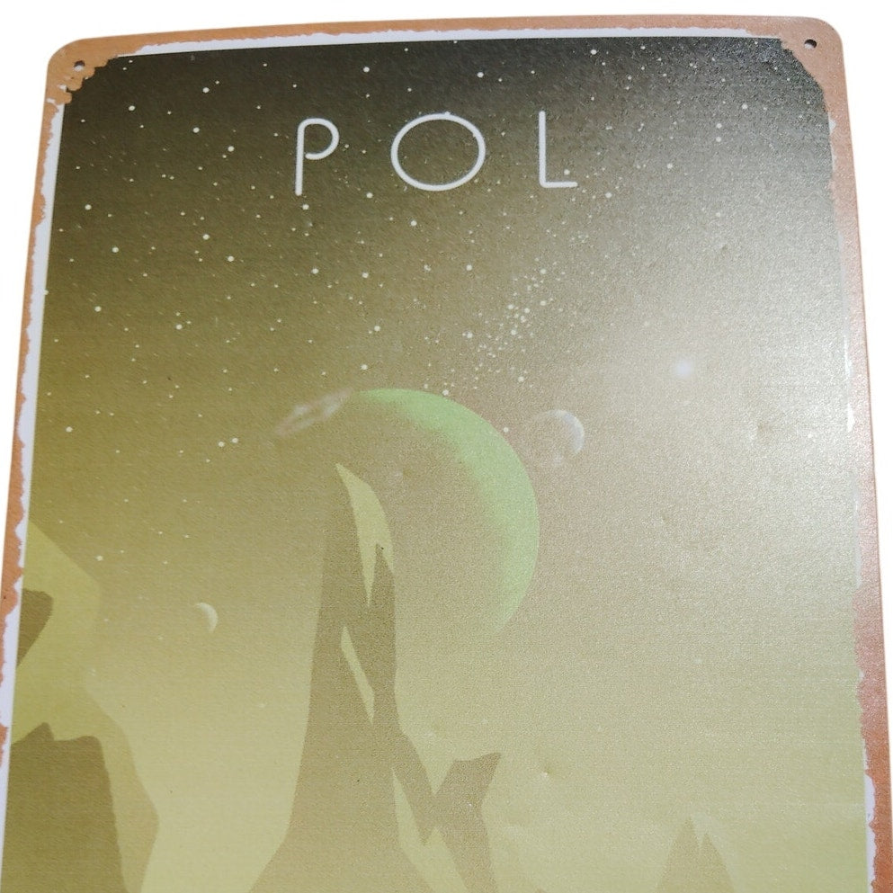 Retro Tin Sign “FLOAT THROUGH THE STARS” – 12x8 Vintage Space Travel Poster