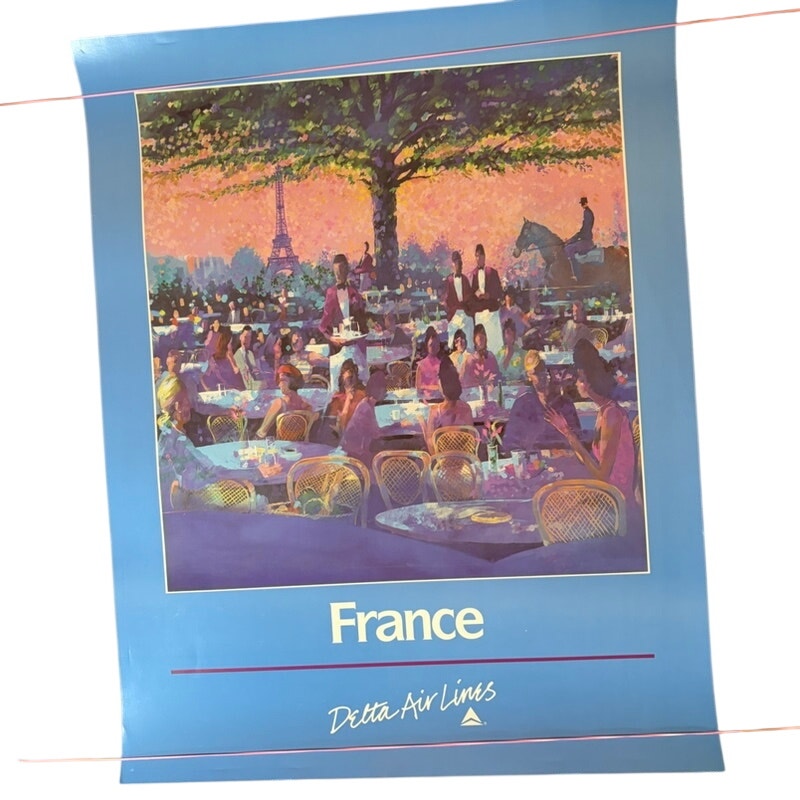 Vintage Delta Air Lines "France" Eiffel Tower Travel Poster - 28x22 Blue