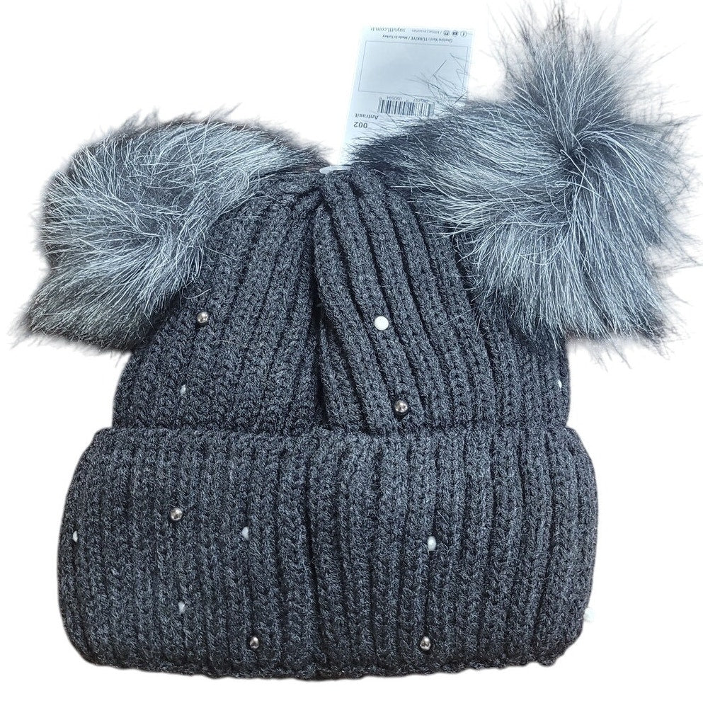 SYT LBI Express Winter Hat Cable Knit Beanie, Faux Fur Pompom Ears Anthracite