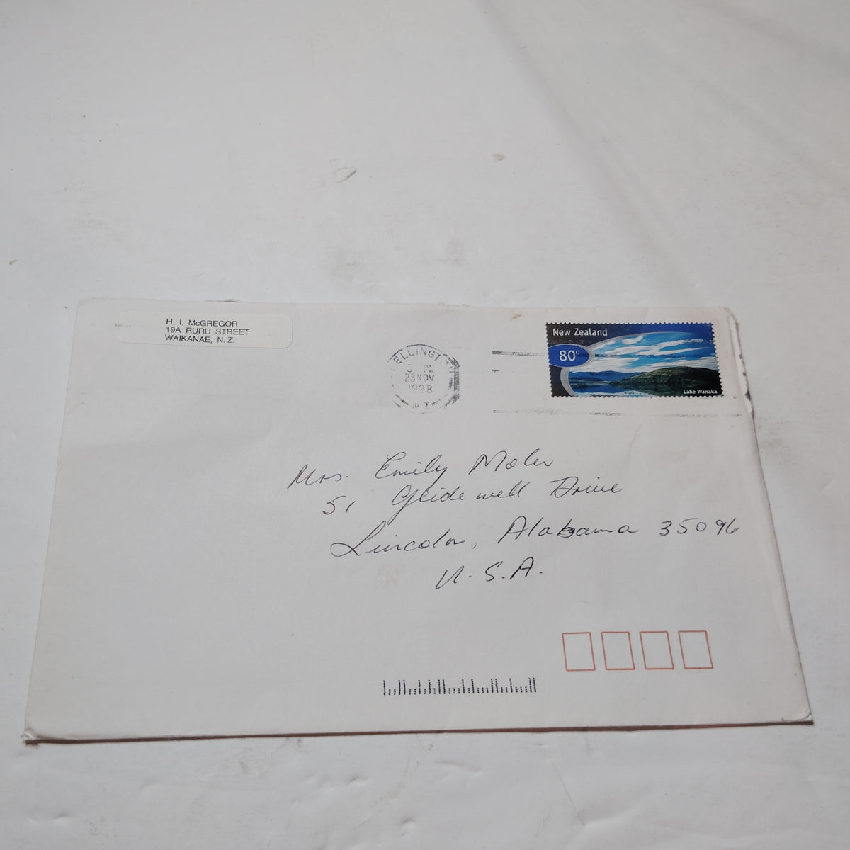 1998 New Zealand 80c Lake Wanaka Stamp Cover Scenic Skies Airmail to USA