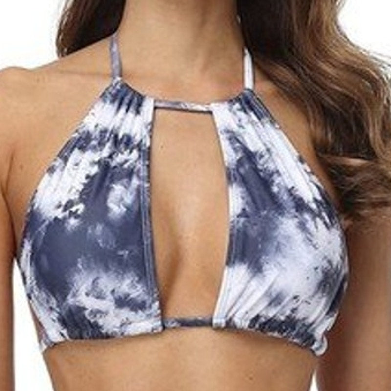 Charmo Blue White Tie Dye Halter Bikini Top Keyhole UPF 50 Women’s Large