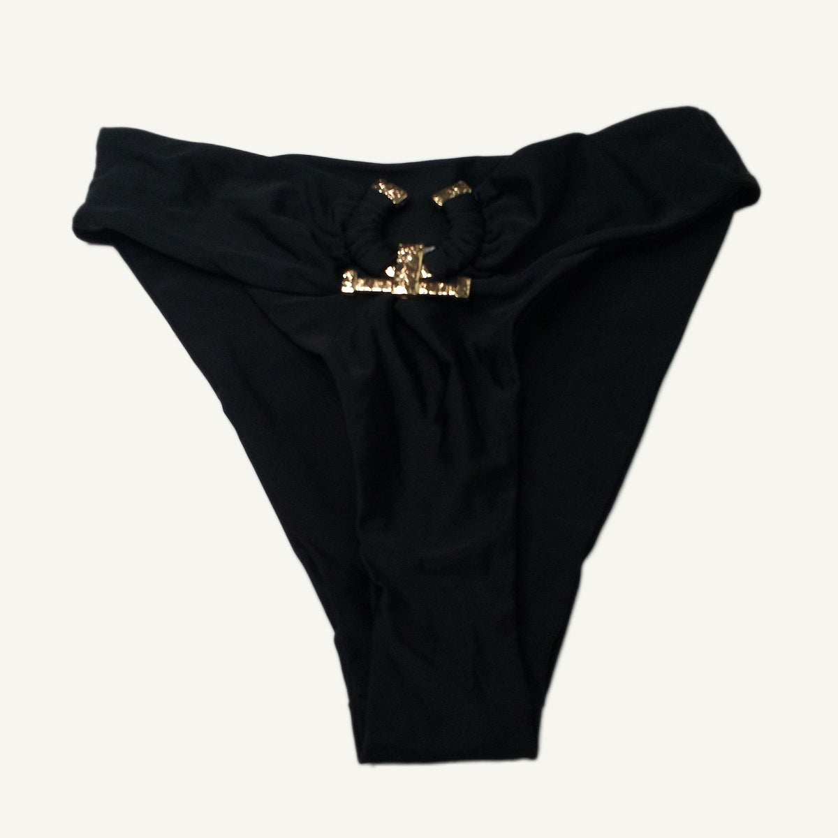 Women's Black High-Cut Swim Bottoms Gold Ring Hardware Ruched Lined Size L