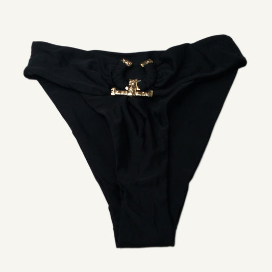 Women's Black High-Cut Swim Bottoms Gold Ring Hardware Ruched Lined Size L