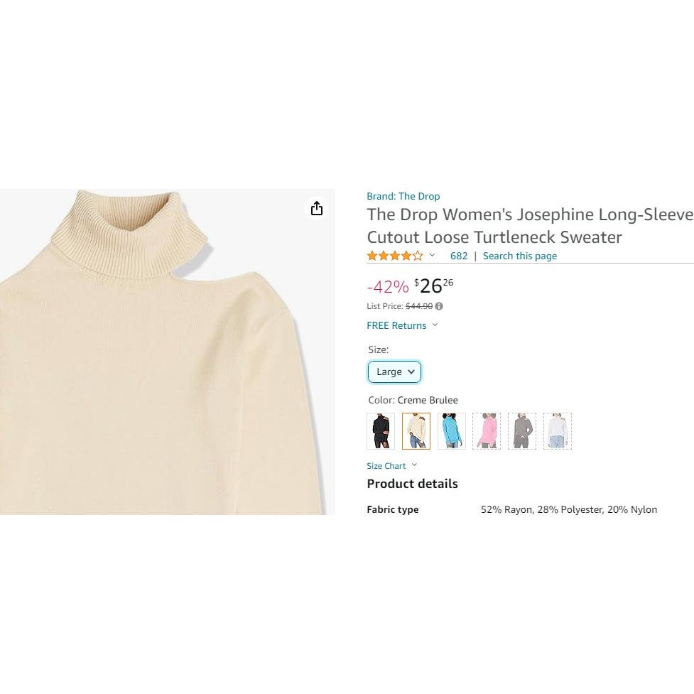 Women's Josephine Long Sleeve Cutout Loose Turtlenck Sweater , Crème Brulee, L