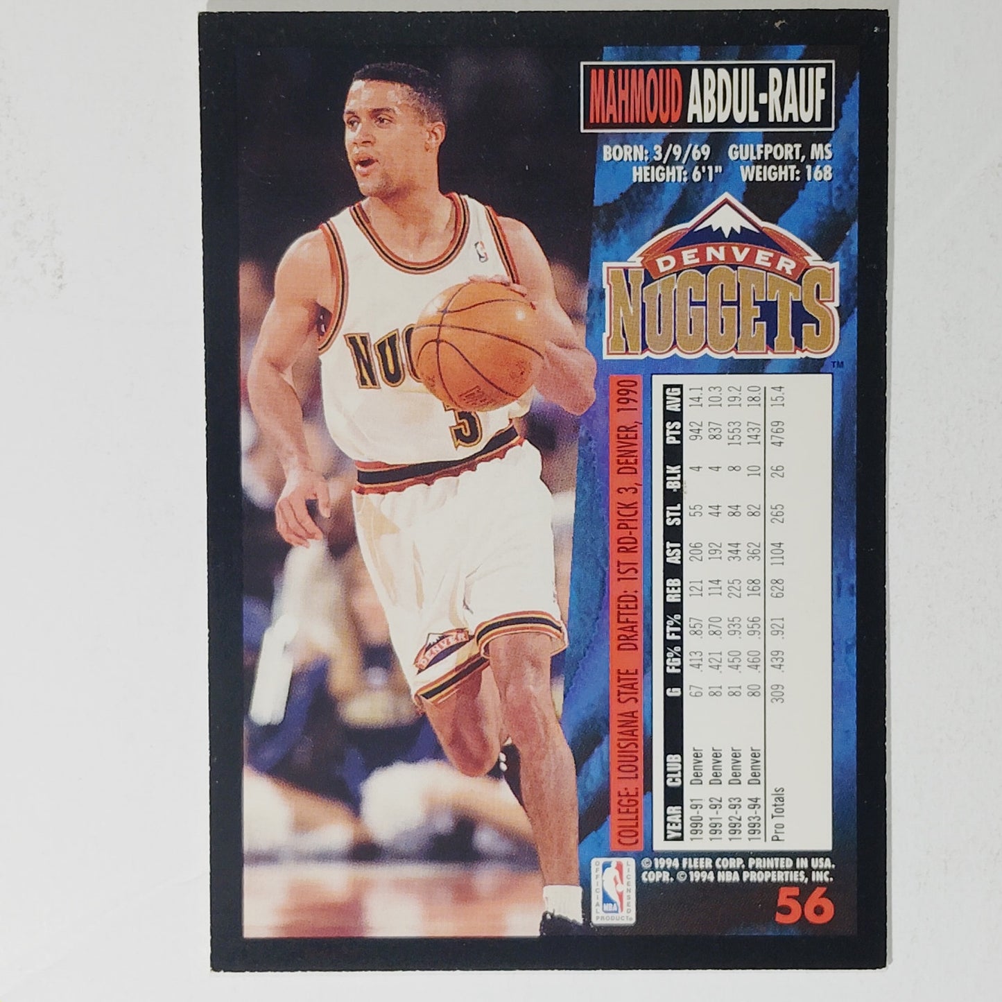 1994-95 Fleer Mahmoud Abdul-Rauf Card No. 56 – Nuggets – Guard – VG/EX