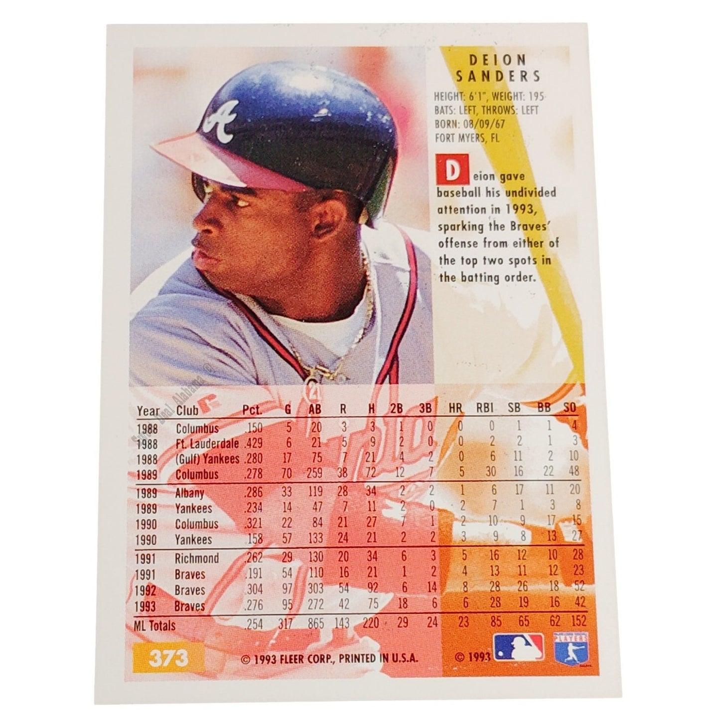 Deion Sanders, Atlanta Braves, #373, 1994 Fleer Baseball Collector's Card