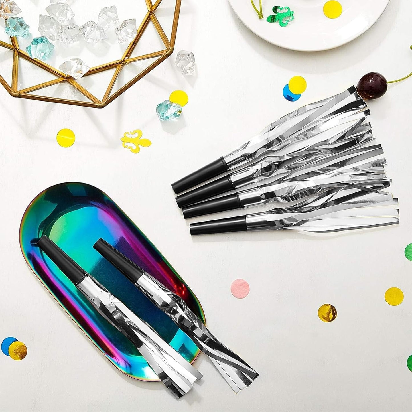 Silver Metallic Noise Makers Set of 24 Fringed Party Blowers Horns Whistles