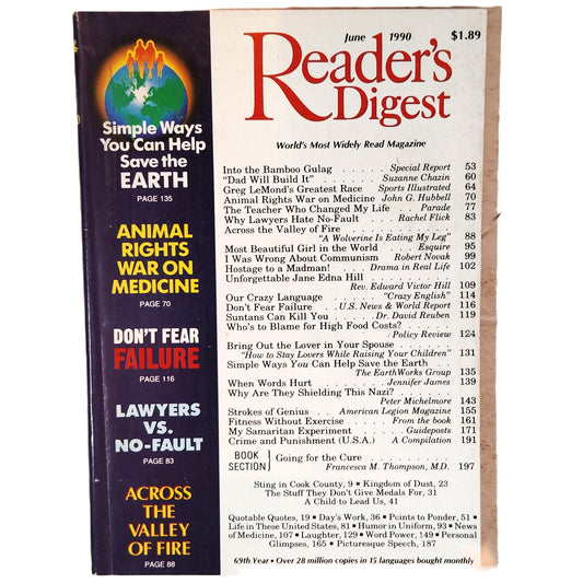 Reader's Digest June 1990 Greg LeMond Cycling Vintage Magazine Back Issue