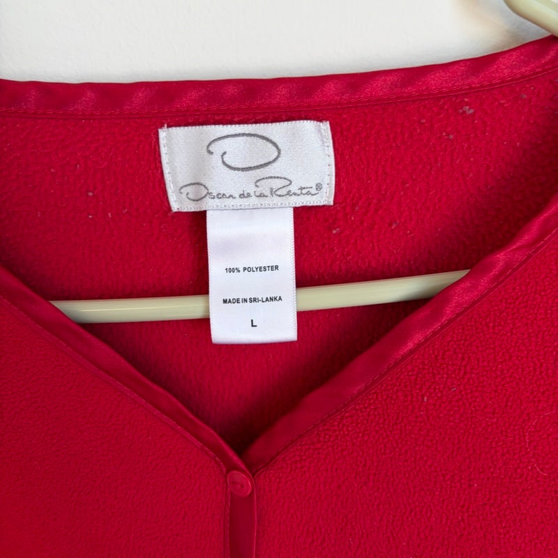 Oscar de la Renta Red Fleece V-Neck Long Sleeve Sleep Top L Women Pajama
