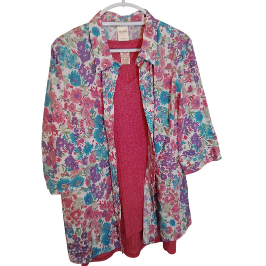 Blair Floral Button Down & Coral Ribbed Top Set Womens Large/1X Excellent Estate