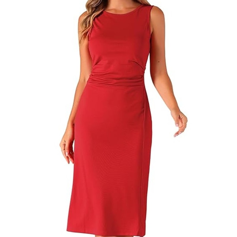 Allegra K Tank Dress, Crew Neck, Ruched, Casual A-line, Midi Sleeveless, Wine, M