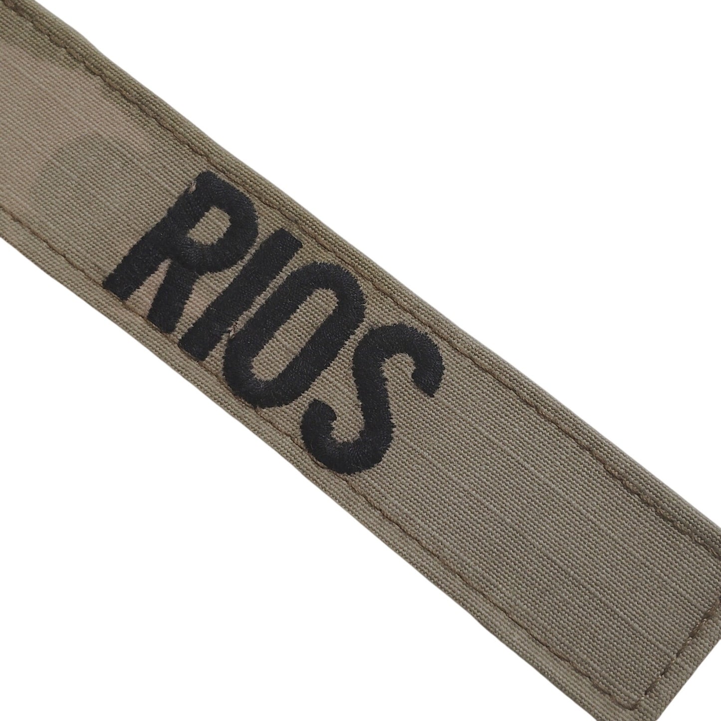 Name Tape “RIOS” – Desert Tan / Khaki – Hook Back – 5" × 1" – Novelty Patch