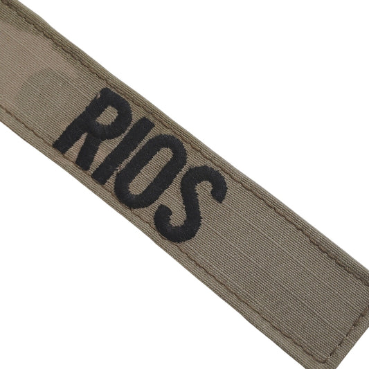 Name Tape “RIOS” – Desert Tan / Khaki – Hook Back – 5" × 1" – Novelty Patch