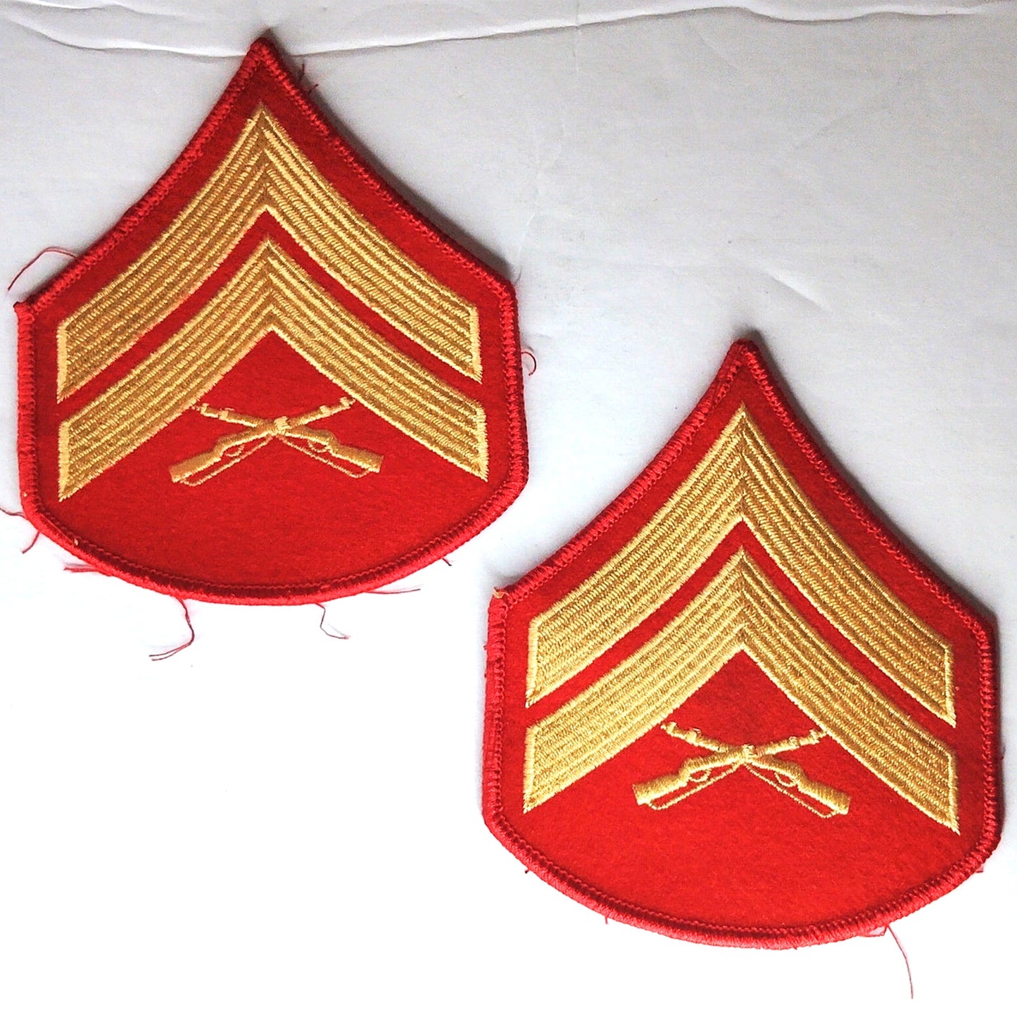 USMC Corporal E‑4 Female Novelty Chevrons Gold on Red 3‑1/4" × 2‑3/4" Pair