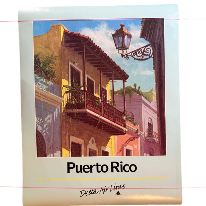 Vintage Delta Air Lines Puerto Rico Travel Poster - J. Sawa Signed, 28" x 22"