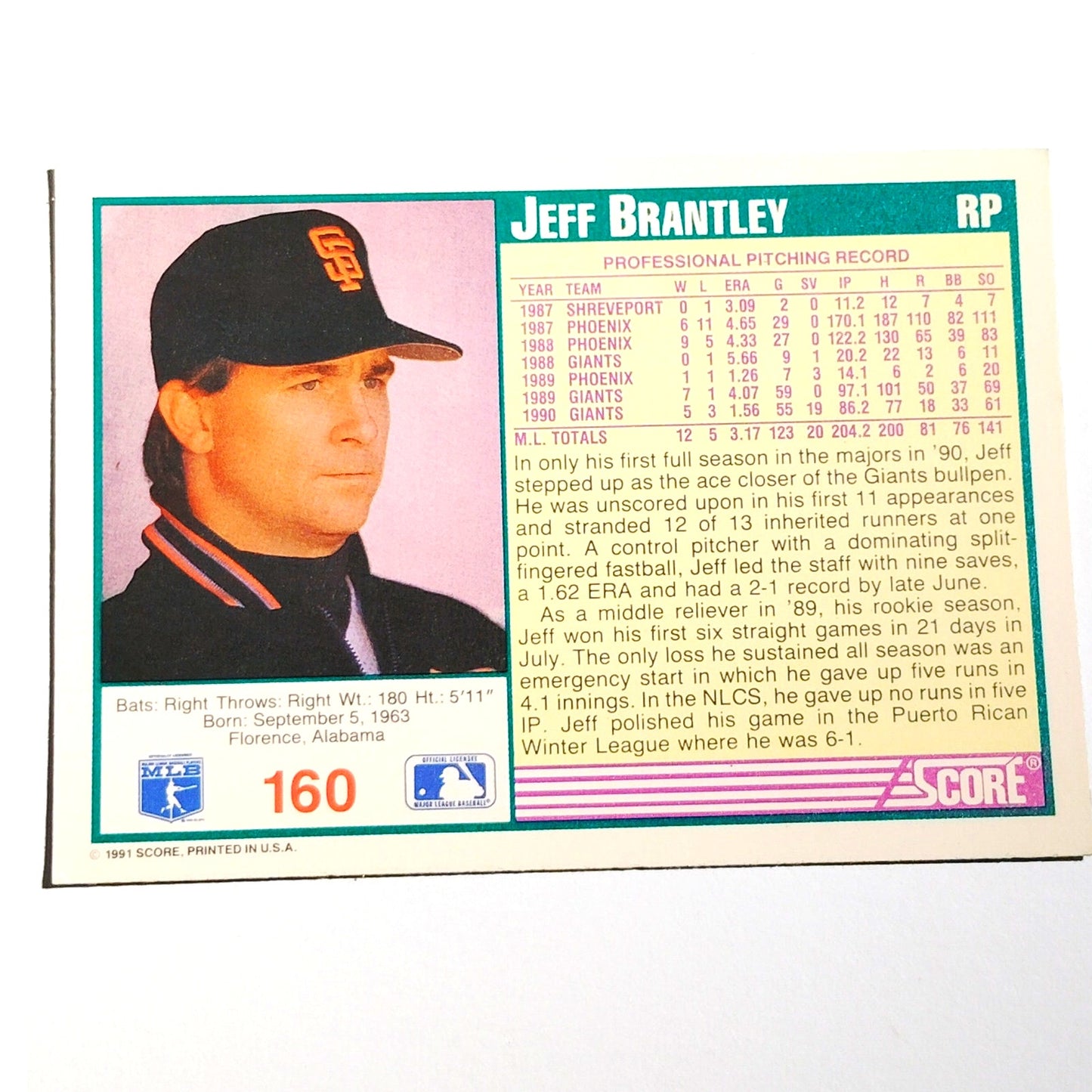 1991 Score Jeff Brantley #160 San Francisco Giants Pitcher MLB Baseball Card NM