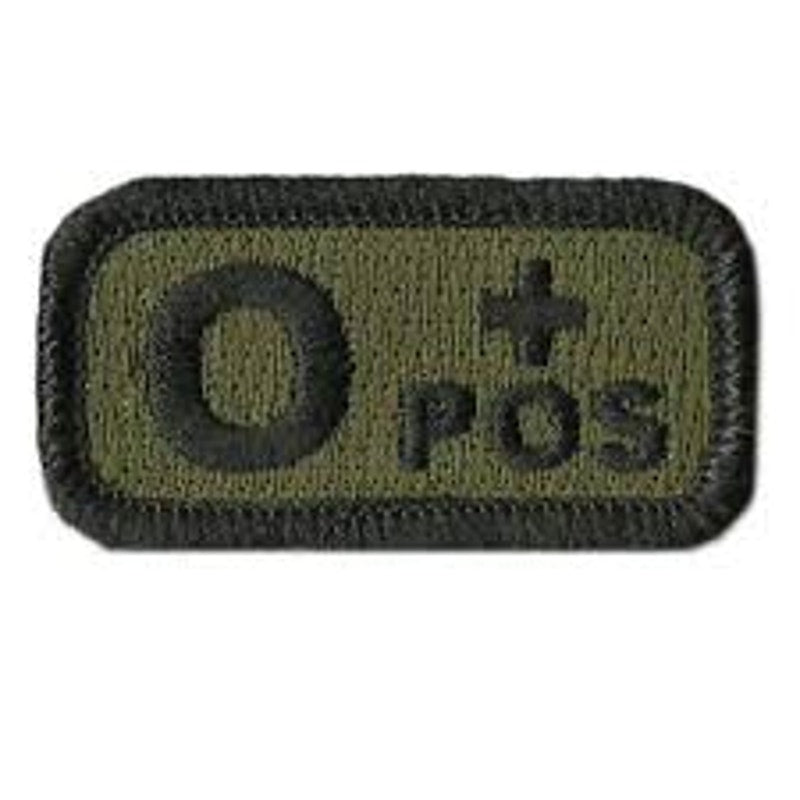 O+ POS Blood Type Patch Black on Green 2 × 1 Hook‑Back