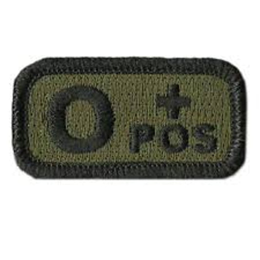 O+ POS Blood Type Patch Black on Green 2 × 1 Hook‑Back